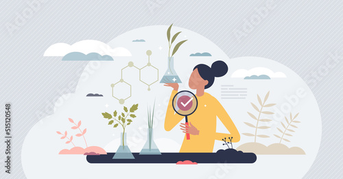 Ecology research and innovation with nature scientific analysis tiny person concept. Biological tests with growing plants from biochemistry gene aspect vector illustration. Environmental biology lab
