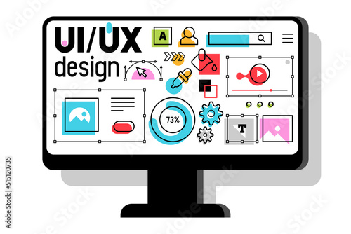 Monitor with UI-UX development design concept. Interface elements. Digital industry. Innovation and technologies. Flat style