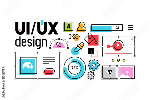 UI-UX development design concept. Interface elements. Digital industry. Innovation and technologies. Flat style