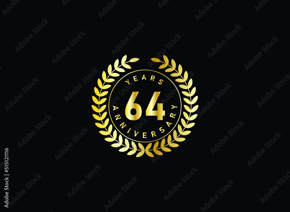 Fototapeta premium 64th anniversary celebration with gold glitter color and white background. Vector design for celebrations, invitation cards and greeting cards.