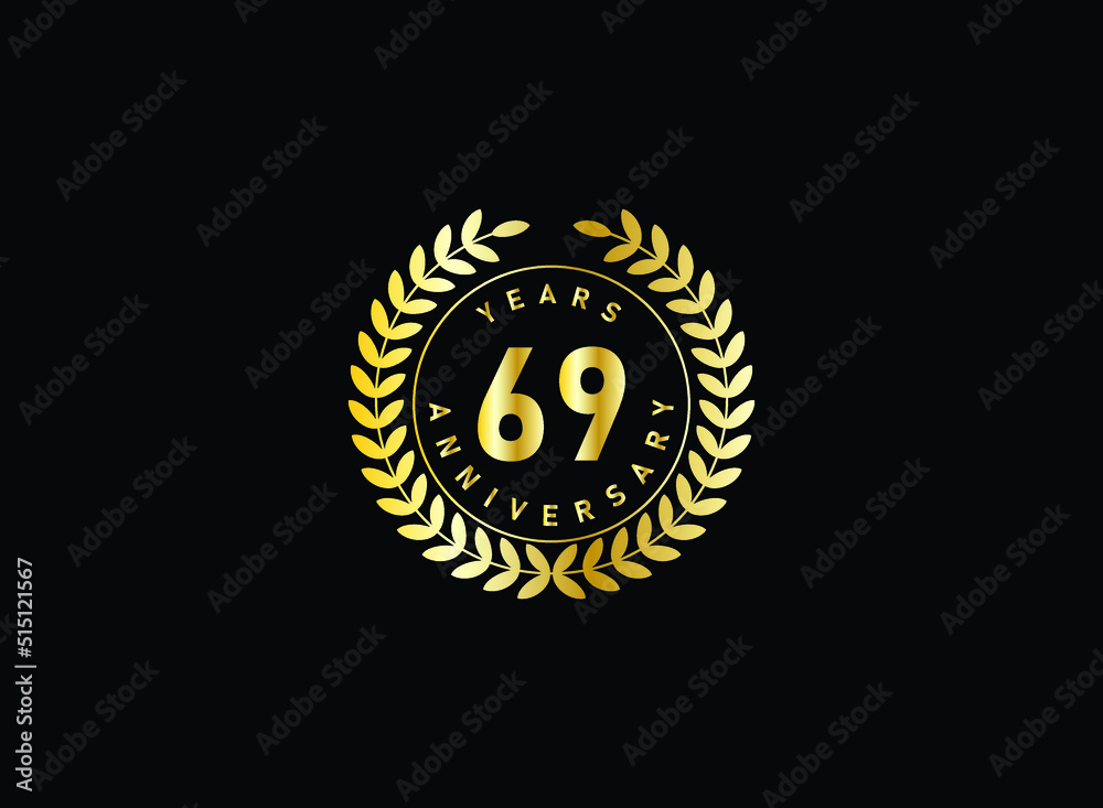 Fototapeta premium 69th anniversary celebration with gold glitter color and white background. Vector design for celebrations, invitation cards and greeting cards.