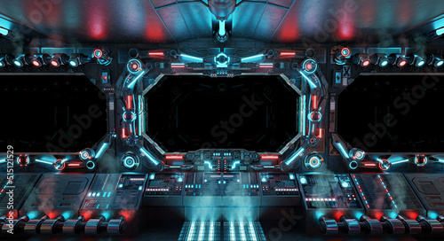 Fototapeta Naklejka Na Ścianę i Meble -  Dark spaceship interior with isolated window. Futuristic spacecraft with glowing blue and red control panels and empty view. 3D rendering