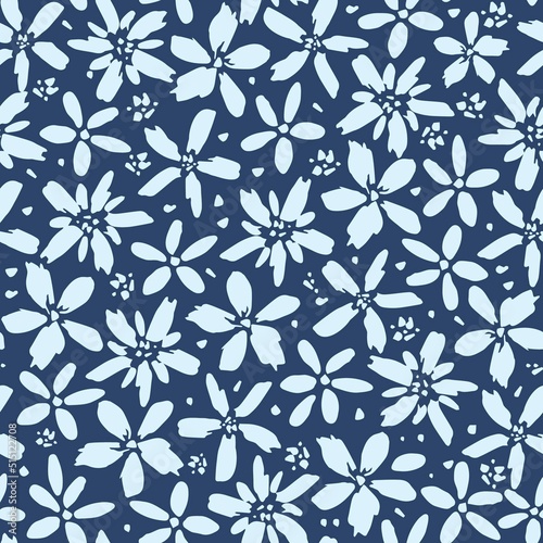 Simple floral vector seamless pattern. Light flowers on a dark blue background. For fabric prints, textiles, clothing. Spring summer collection.