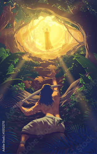 Angulimala has chased after the Buddha until he fell tiredly and begging the Buddha to stop walking