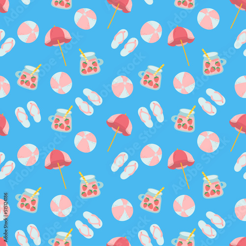 beach stuff, beach things seamless pattern: umbrella, inflatable ball, spanking. Summer marine background. Travel, vacation, relax concept