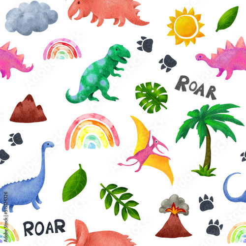 Dinosaurs  mountain  rainbow  volcano  sun  leaves in childish style. Watercolor design Seamless kids pattern. Funny dino repeated background