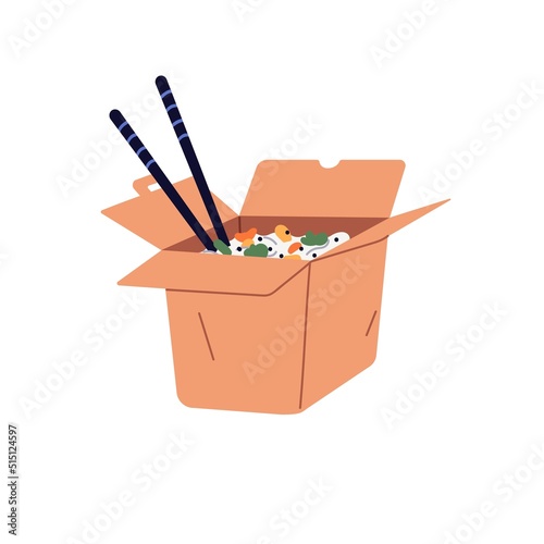 Asian food in delivery box with chopsticks. Chinese takeaway meal with rice noodle and vegetables. Open wok, Japan dish. Take-away package. Flat vector illustration isolated on white background