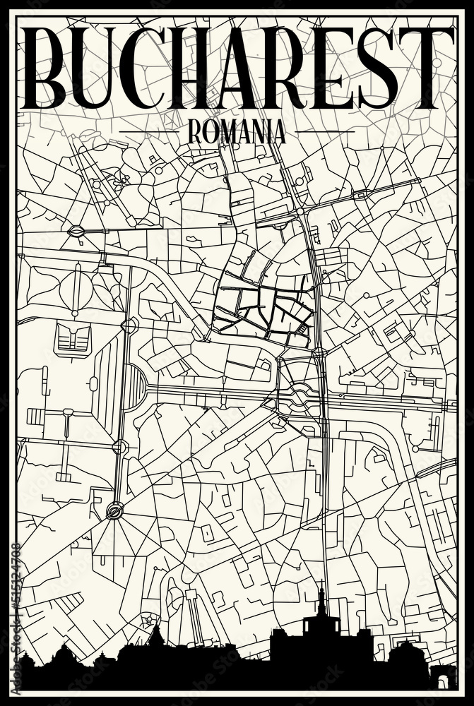 Obraz premium Light printout city poster with panoramic skyline and hand-drawn streets network on vintage beige background of the downtown BUCHAREST, ROMANIA