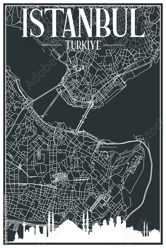 Dark printout city poster with panoramic skyline and hand-drawn streets network on dark gray background of the downtown ISTANBUL, TURKEY