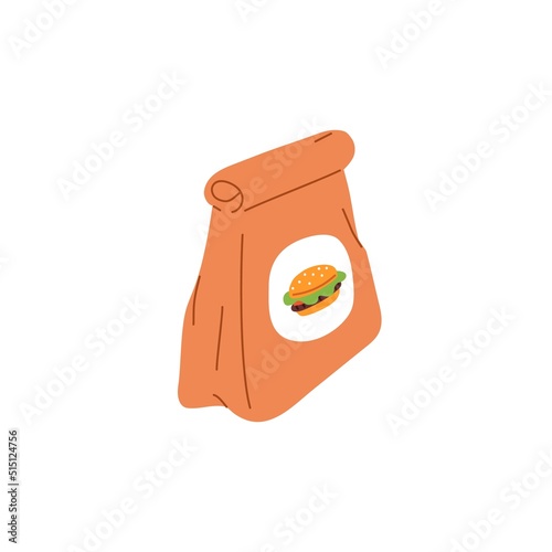 Paper bag with burger. Delivery package of takeaway fast food. Delivered take-away fastfood in closed kraft pack. Flat vector illustration isolated on white background