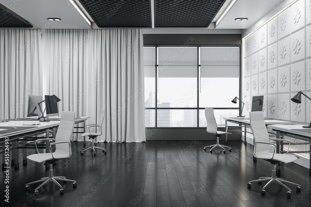 Luxury dark concrete coworking office room interior with window, city view, curtains and furniture. 3D Rendering.