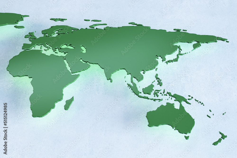 Creative green world map on light backdrop. Geography and education concept. 3D Rendering.