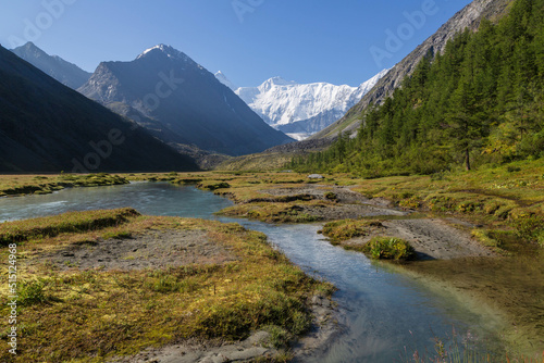 Belukha Mountain view. Akkem river. Mountain valley. Altai Mountains, Russia.
