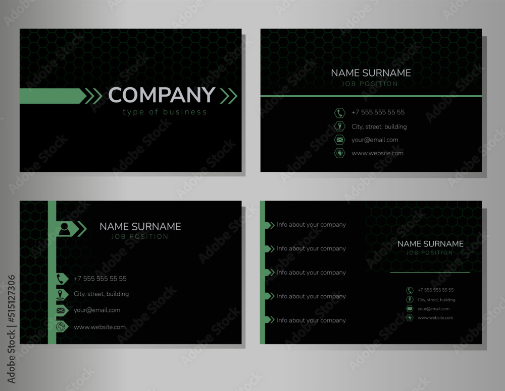 Black double sided business card. Fully editable minimalistic card with 3 variants of the second side.