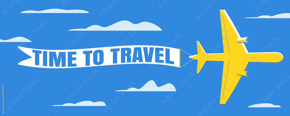 Airplane with flying advertising banner. Time To Travel Airplane with flying advertising banner. Time To Travel