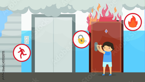 The boy closes the door during a fire in the apartment and runs away from home