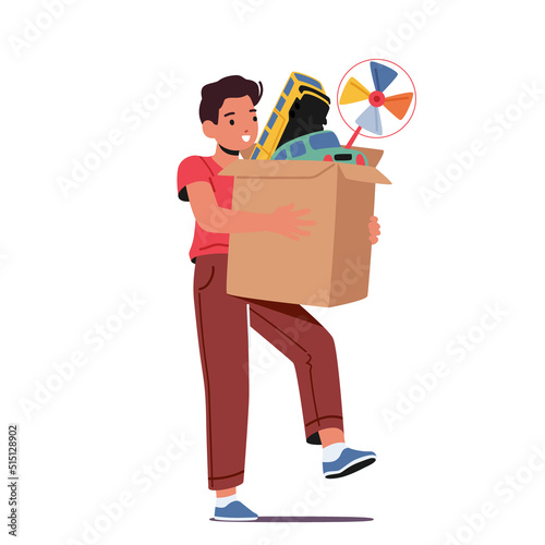 Little Boy Carry Carton Box with Toys, Child Character with Play Things Isolated on White Background. Infant Sparetime