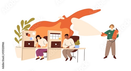 Burnout prevention at work concept. HR cooling down exhausted stressed overworked bored office workers in fire. Boss preventing employees crisis. Flat vector illustration isolated on white background © Good Studio