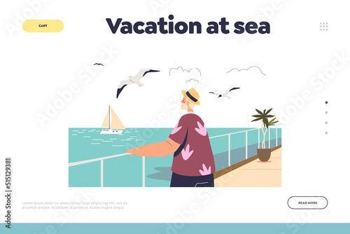 Foto Vacation at sea concept of landing page with senior man at ocean embankment look