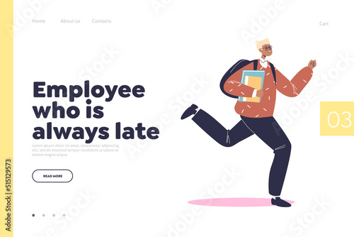 Employee always late concept of landing page with man running at work office being late