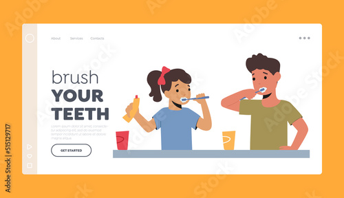 Kids Brushing Teeth Landing Page Template. Happy Characters with Toothbrush and Paste Dental Hygiene Procedure
