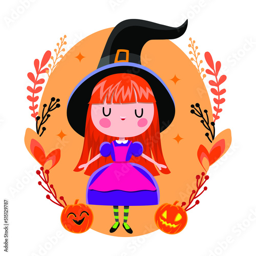 
little witch in oval frame on the white background
