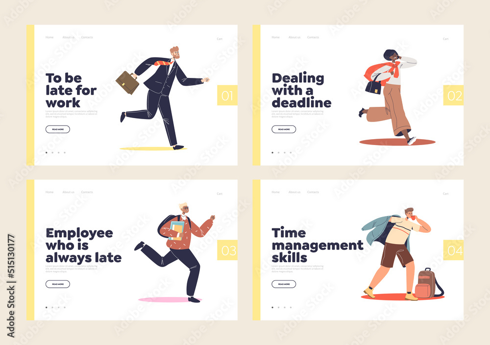 People late to work concept of set of template landing pages. Cartoon men and women in hurry running People late to work concept of set of template landing pages. Cartoon men and women in hurry running