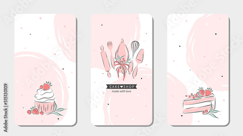 Set of design sample for pastry and bread shop. Cake shop logo. Kitchen tools for baking. Cakes and berries. Vector illustration