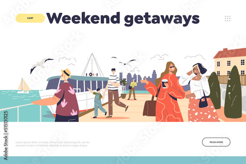 Wallpaper Mural Weekend getaways concept of landing page with happy tourists enjoy walking along