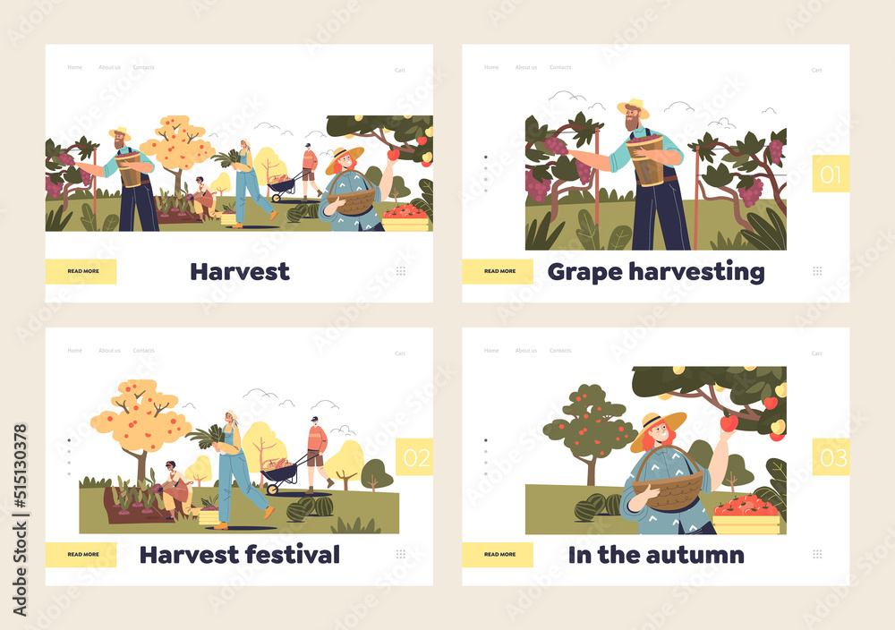 Autumn harvest and gardening concept of template landing pages set with people working on farm Autumn harvest and gardening concept of template landing pages set with people working on farm