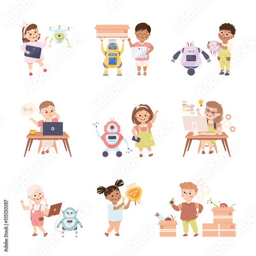 Little Kids Using Smart Technology and Artificial Intelligence Engineering and Programming Vector Set