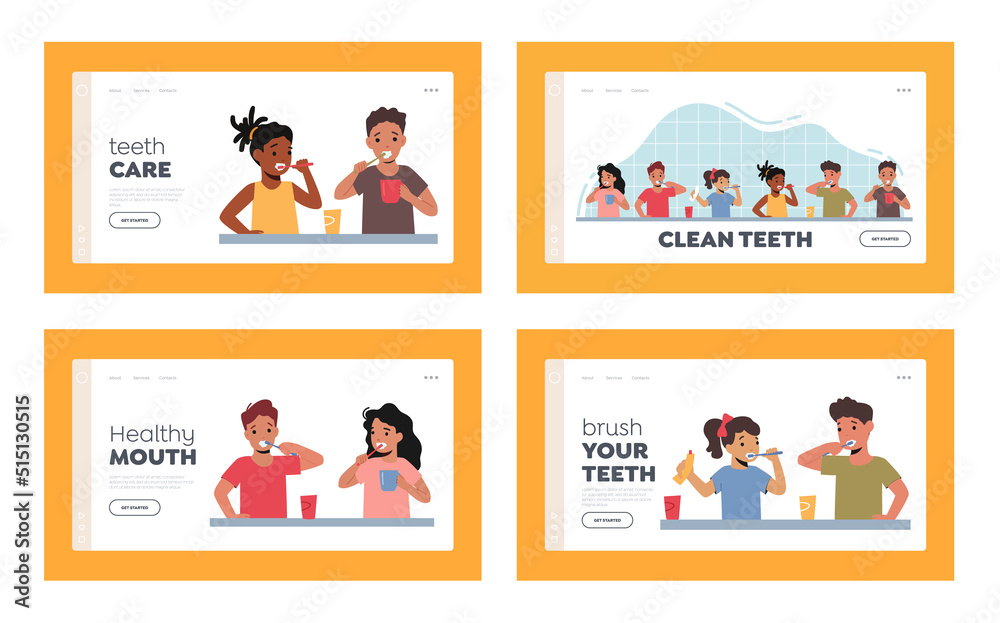 Kids Brushing Teeth Landing Page Template Set. Little Characters Daily Routine, Hygiene Procedures. Children Clean Mouth Kids Brushing Teeth Landing Page Template Set. Little Characters Daily Routine, Hygiene Procedures. Children Clean Mouth