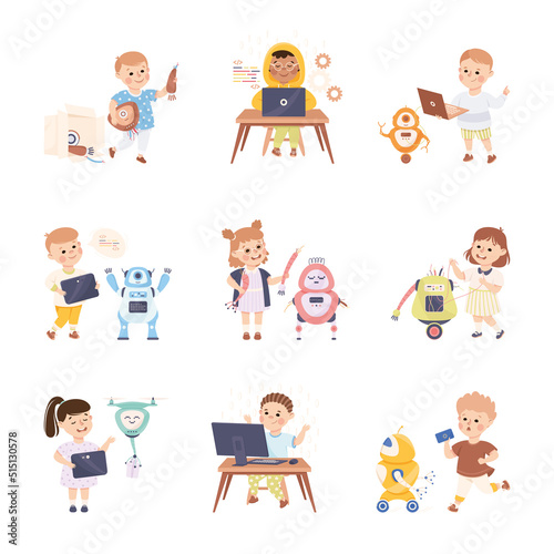 Little Kids Using Smart Technology and Artificial Intelligence Engineering and Programming Vector Set
