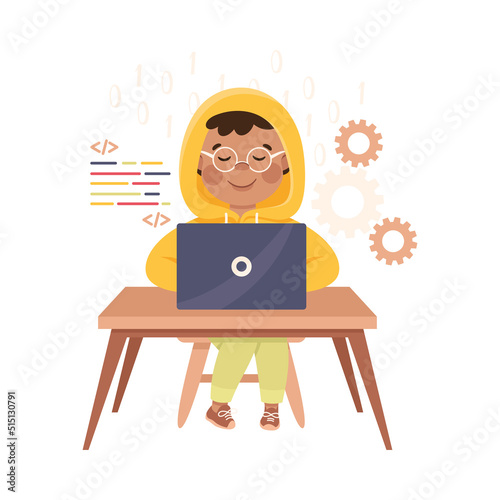 Little Boy Sitting at Laptop and Coding Programming and Engineering Smart Technology and Artificial Intelligence Vector Illustration