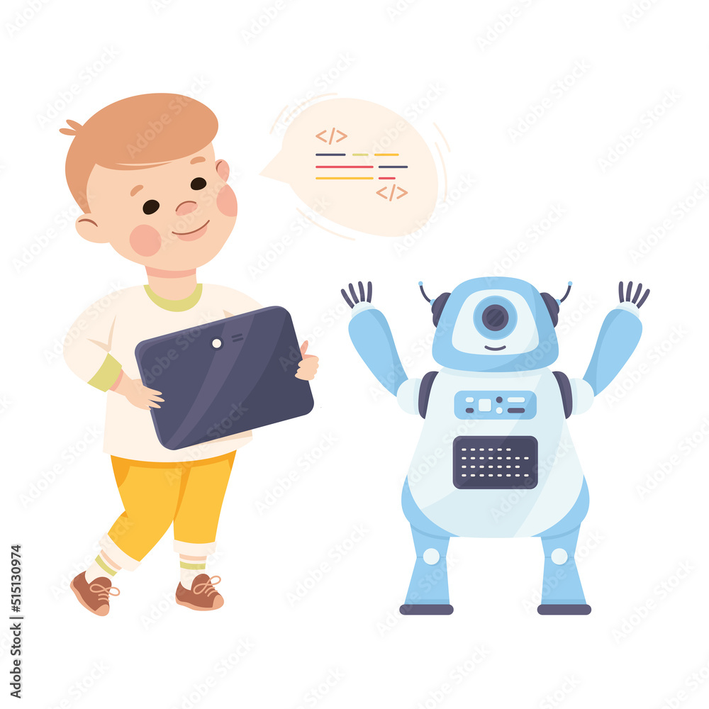 Little Boy with Robot and Tablet Engineering Smart Technology and Artificial Intelligence Vector Illustration