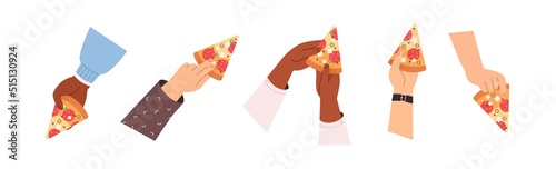Hand holding, taking triangle pizza slices set. Italian fast food, cut snack pieces. Salami sausage and cheese fastfood eating, top view. Flat graphic vector illustrations isolated on white background