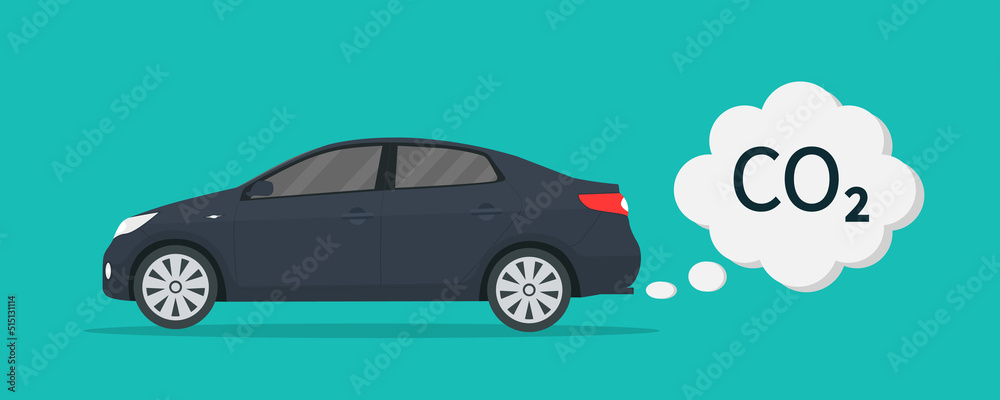 Co2 сar exhaust. Smoke cloud from car. Icon of carbon emission from vehicle. Transport pollute air. Illustration for save environmental, ecology and atmosphere. Concept for clean ecosystem. Vector