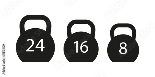 Kettle bell icon. Kettlebell with different weight. Logo for fitness, gym and training. Set of kettlebells with 24, 16 and 18 kg. Dumbbell silhouettes isolated on white background. Vector