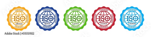ISO icons. Stamps of certified, standard and accredited. 9001 badge certificate quality. Seals of international standardization organization. Mark of 22000, 14001,18001 and 27001. Vector