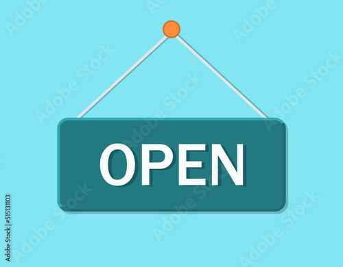 Open sign. Board on rope for door and window. Icon for welcome in restaurant, store, shop and supermarket. Hanging simple banner on cafe, office and market. Vector