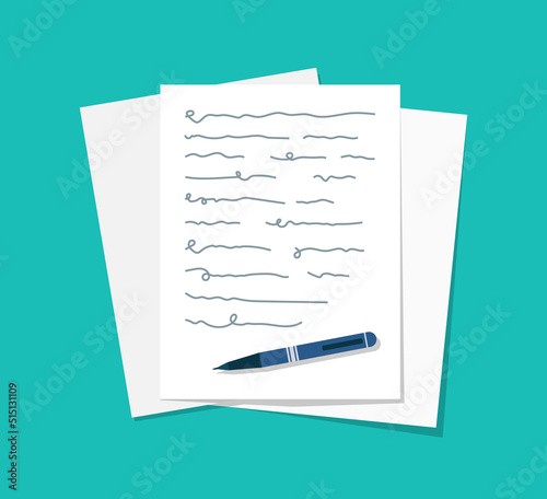Letter with pen and written text. Paper sheets with pencil and indistinct handwriting on table. Page of notebook with write text. Pile of papers on desk from writer in flat style. Vector