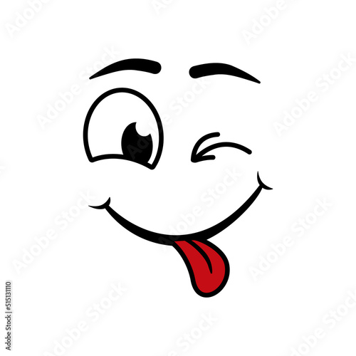 Face with tongue. Logo of emoji mouth for tasty. Icon of smile yummy. Cartoon hungry face. Funny illustration for gourmet with character. Happy emotion from delicious food. Vector