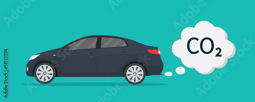 Co2 сar exhaust. Smoke cloud from car. Icon of carbon emission from vehicle. Transport pollute air. Illustration for save environmental, ecology and atmosphere. Concept for clean ecosystem. Vector