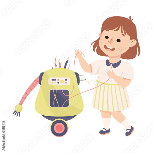 Little Girl Assembling Robot Engineering Smart Technology and Artificial Intelligence Vector Illustration
