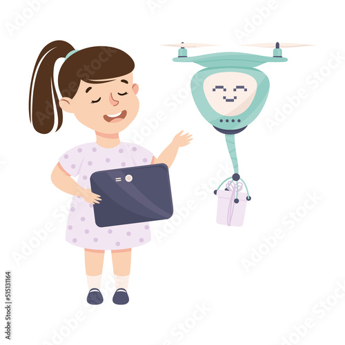 Little Girl with Tablet Programming Drone Robot Using Smart Technology and Artificial Intelligence Vector Illustration