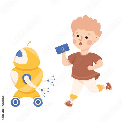 Little Boy with Robot and Control Panel Using Smart Technology and Artificial Intelligence Vector Illustration