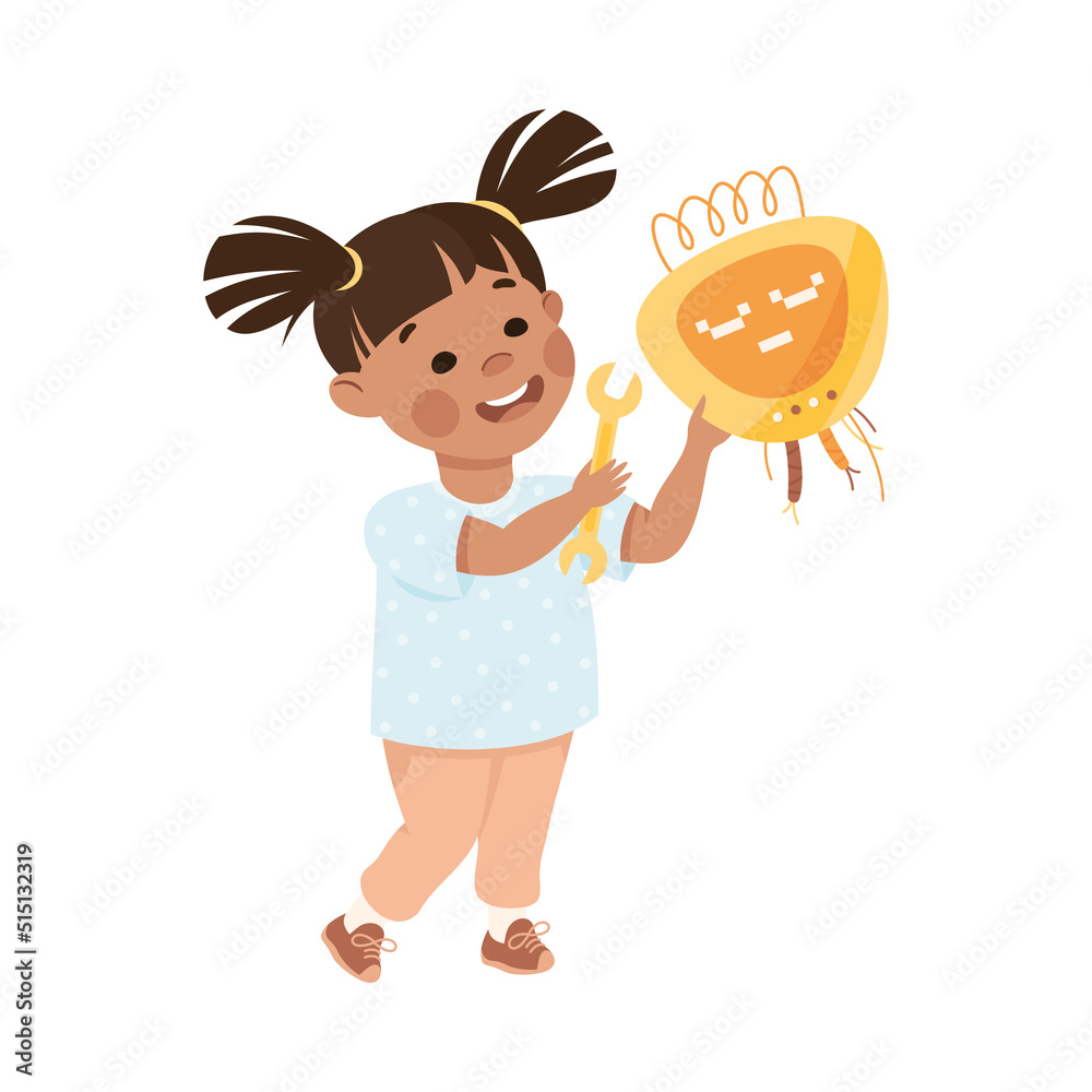 Little Girl Assembling Robot with Wrench Engineering Smart Technology and Artificial Intelligence Vector Illustration