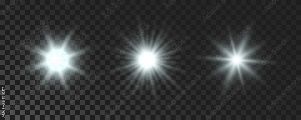 Set of white glowing sparkling stars Set of white glowing sparkling stars