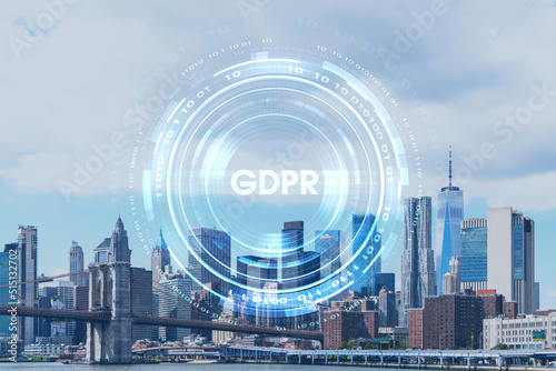 Brooklyn bridge with New York City Manhattan, financial downtown skyline panorama at day time over East River. GDPR hologram, concept of data protection, regulation and privacy for all individuals