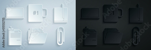 Set Document folder, File document, and binder clip, Paper, Coffee cup and Laptop icon. Vector